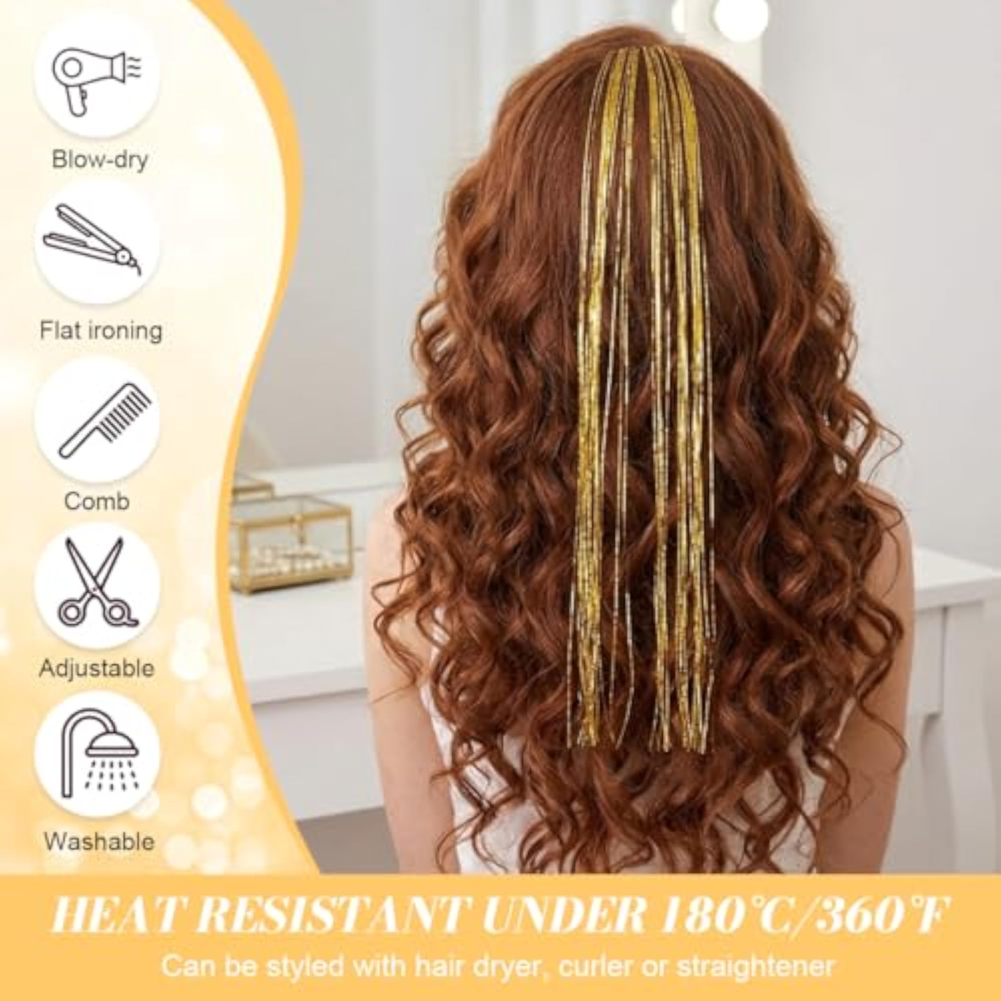 6Pcs Gold Glitter Clip-In Hair Tinsel Extensions for Women